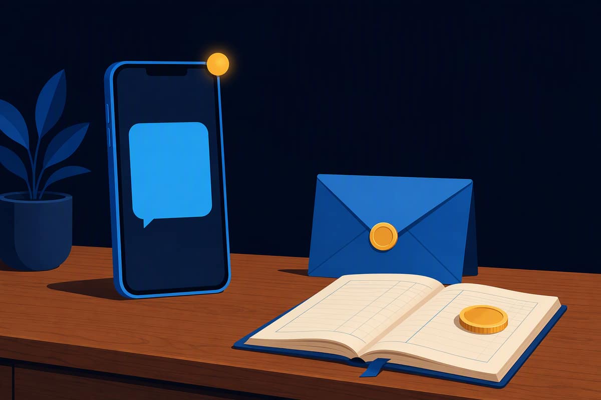 Masa üzerinde bildirim işaretli telefon, mühürlü zarf ve üzerinde bozuk para duran açık defter